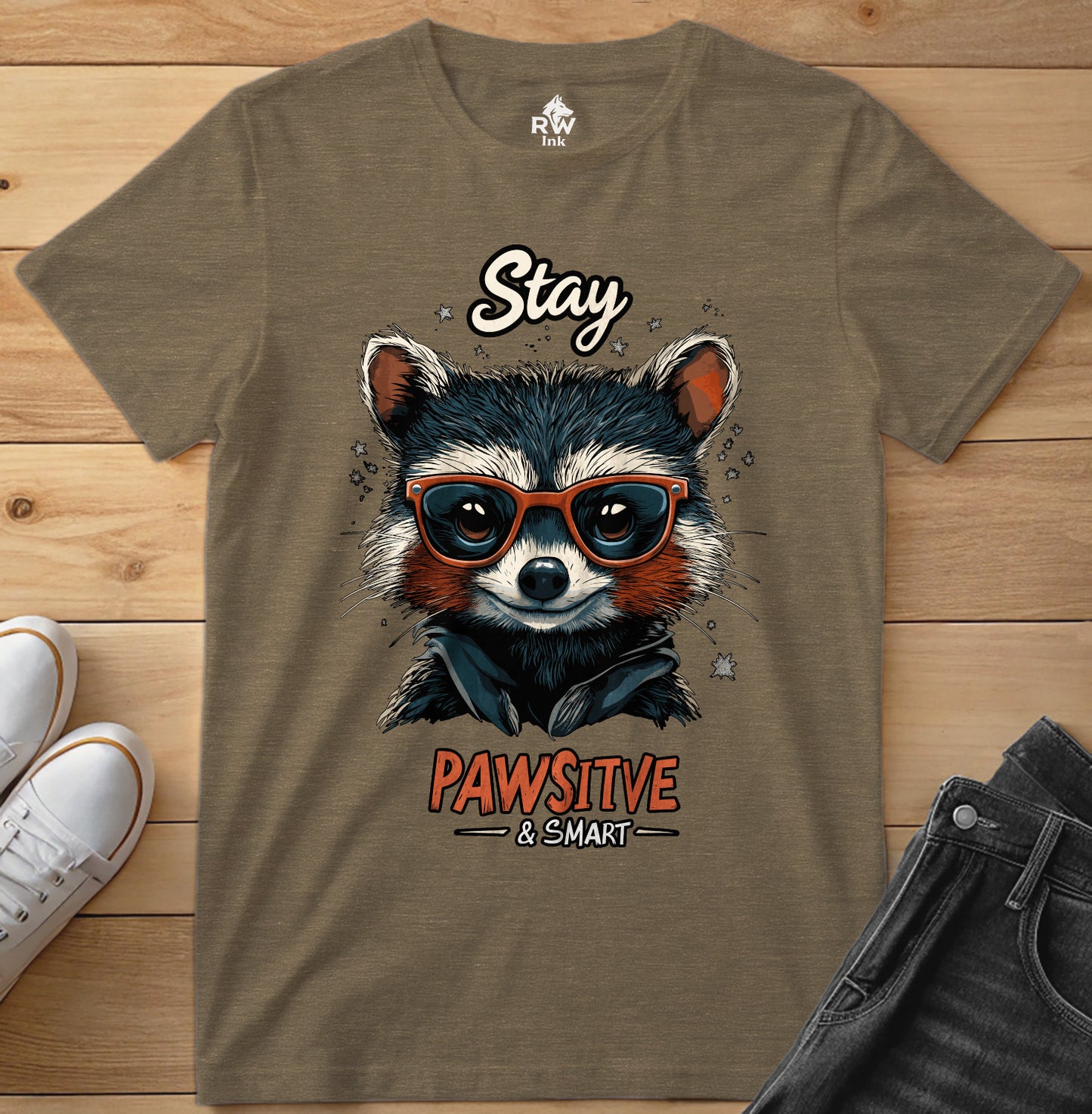 Stay Pawsitive & Smart β Cool Raccoon T-Shirt with Glasses β Animal Lover Gift β Bella+Canvas 3001