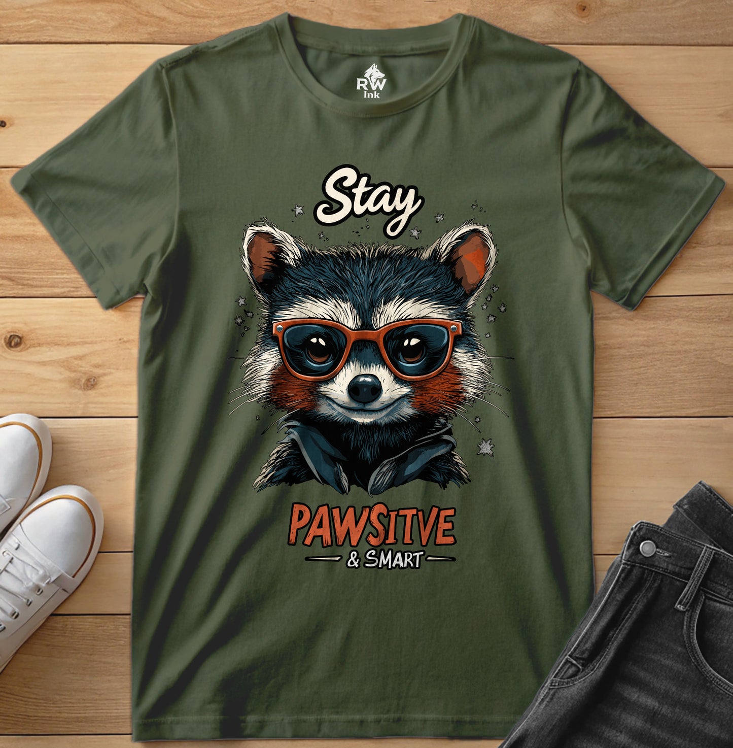 Stay Pawsitive & Smart β Cool Raccoon T-Shirt with Glasses β Animal Lover Gift β Bella+Canvas 3001