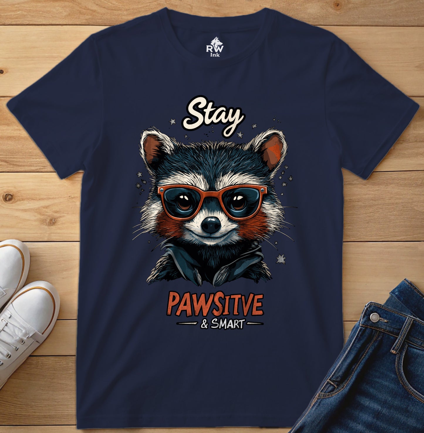Stay Pawsitive & Smart β Cool Raccoon T-Shirt with Glasses β Animal Lover Gift β Bella+Canvas 3001