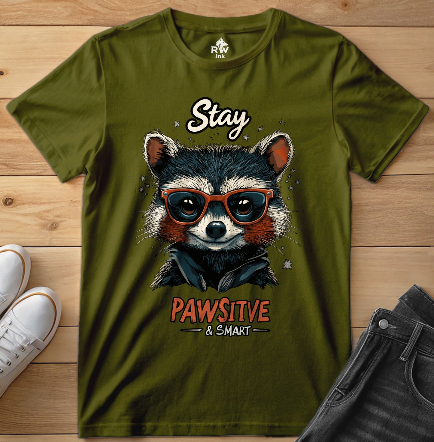 Stay Pawsitive & Smart β Cool Raccoon T-Shirt with Glasses β Animal Lover Gift β Bella+Canvas 3001