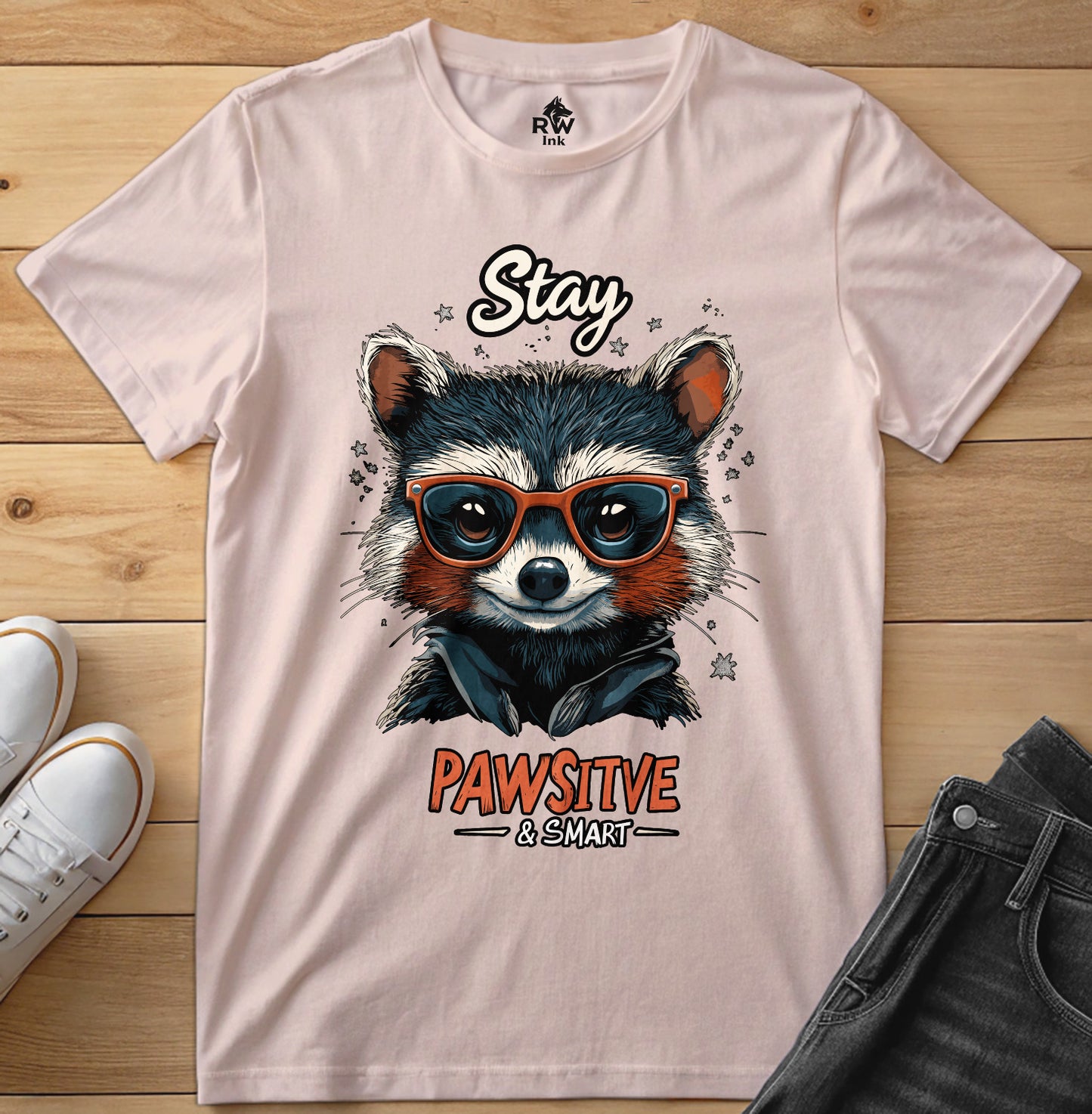 Stay Pawsitive & Smart β Cool Raccoon T-Shirt with Glasses β Animal Lover Gift β Bella+Canvas 3001