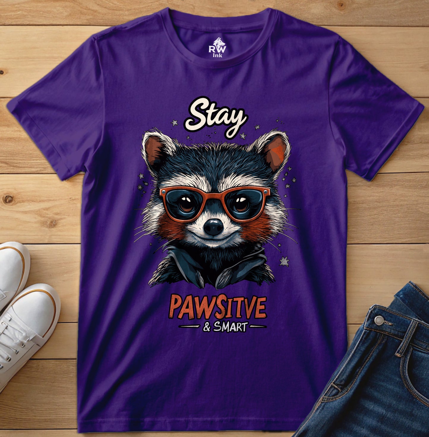 Stay Pawsitive & Smart β Cool Raccoon T-Shirt with Glasses β Animal Lover Gift β Bella+Canvas 3001