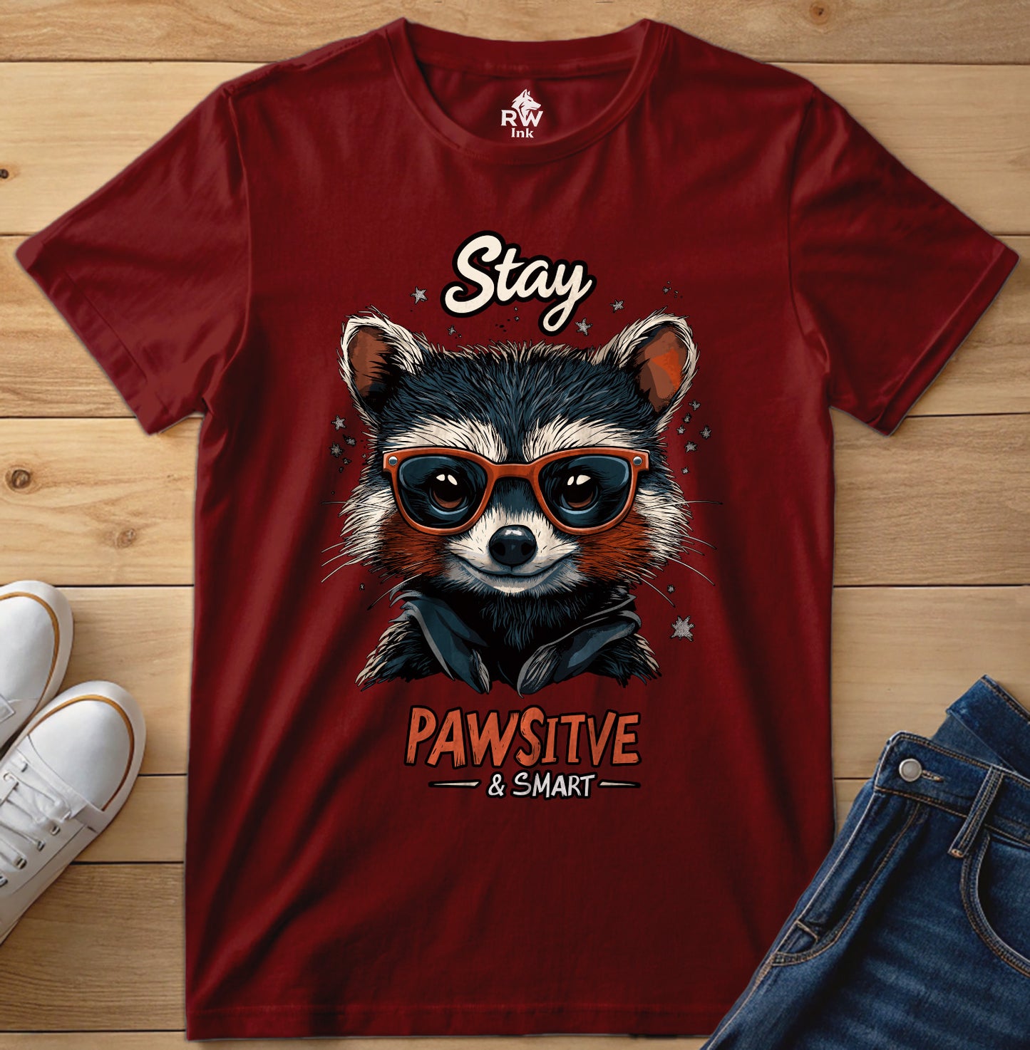 Stay Pawsitive & Smart β Cool Raccoon T-Shirt with Glasses β Animal Lover Gift β Bella+Canvas 3001