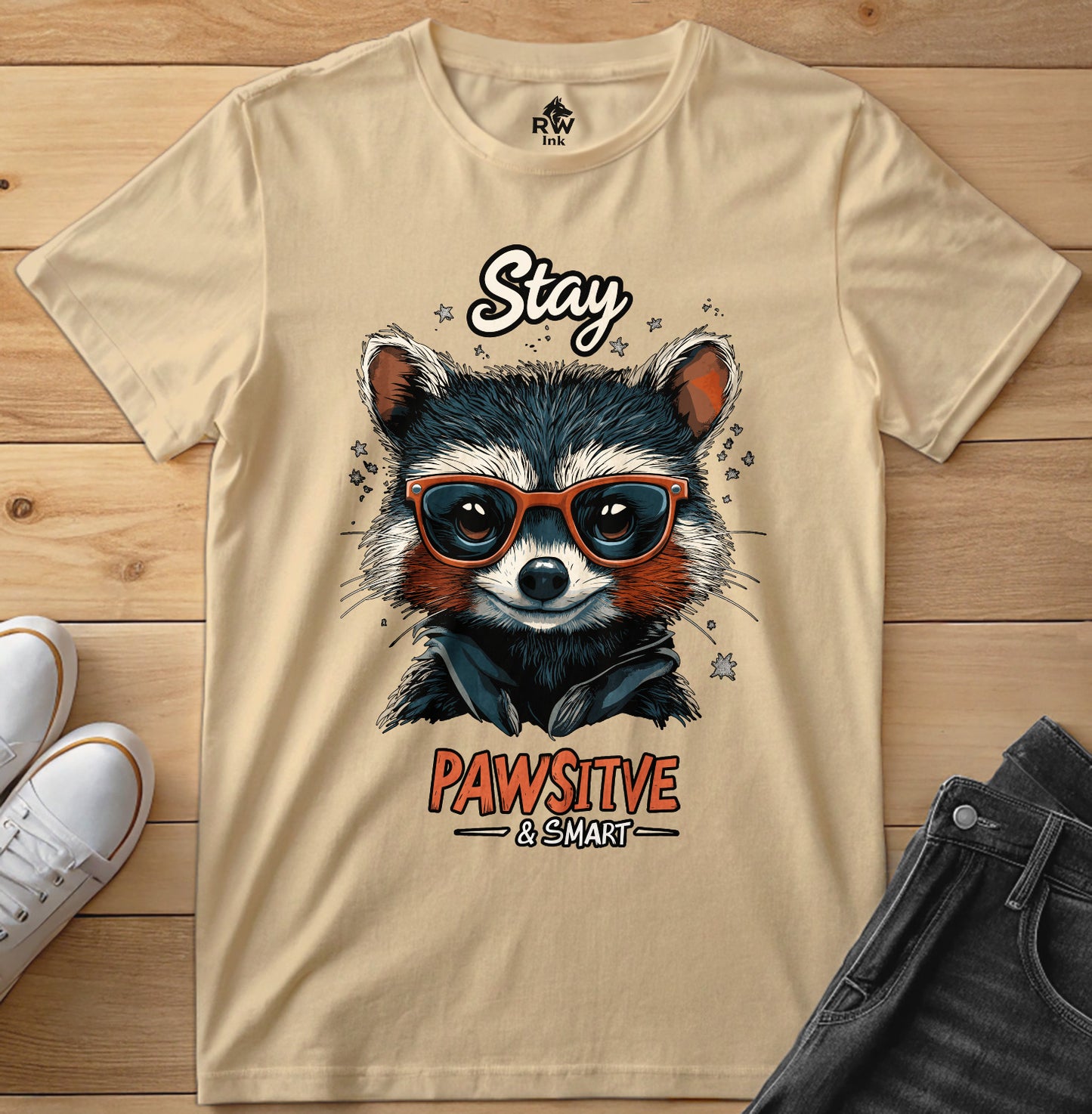 Stay Pawsitive & Smart β Cool Raccoon T-Shirt with Glasses β Animal Lover Gift β Bella+Canvas 3001