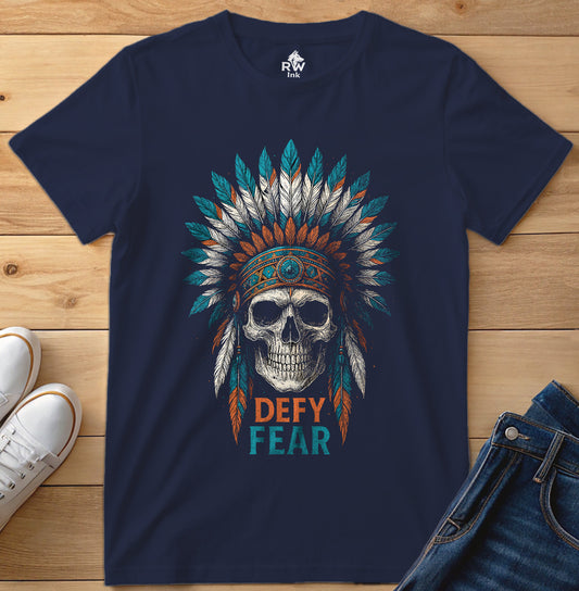 Defy Fear – Skull Warrior Headdress Art Tee | Bella+Canvas 3001 Unisex T-Shirt