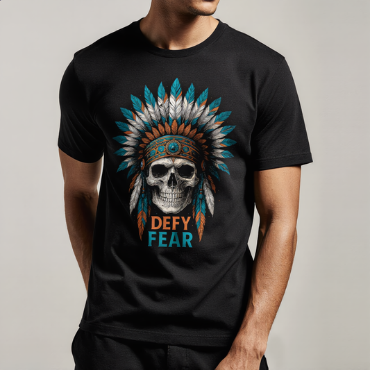 Defy Fear – Skull Warrior Headdress Art Tee | Bella+Canvas 3001 Unisex T-Shirt