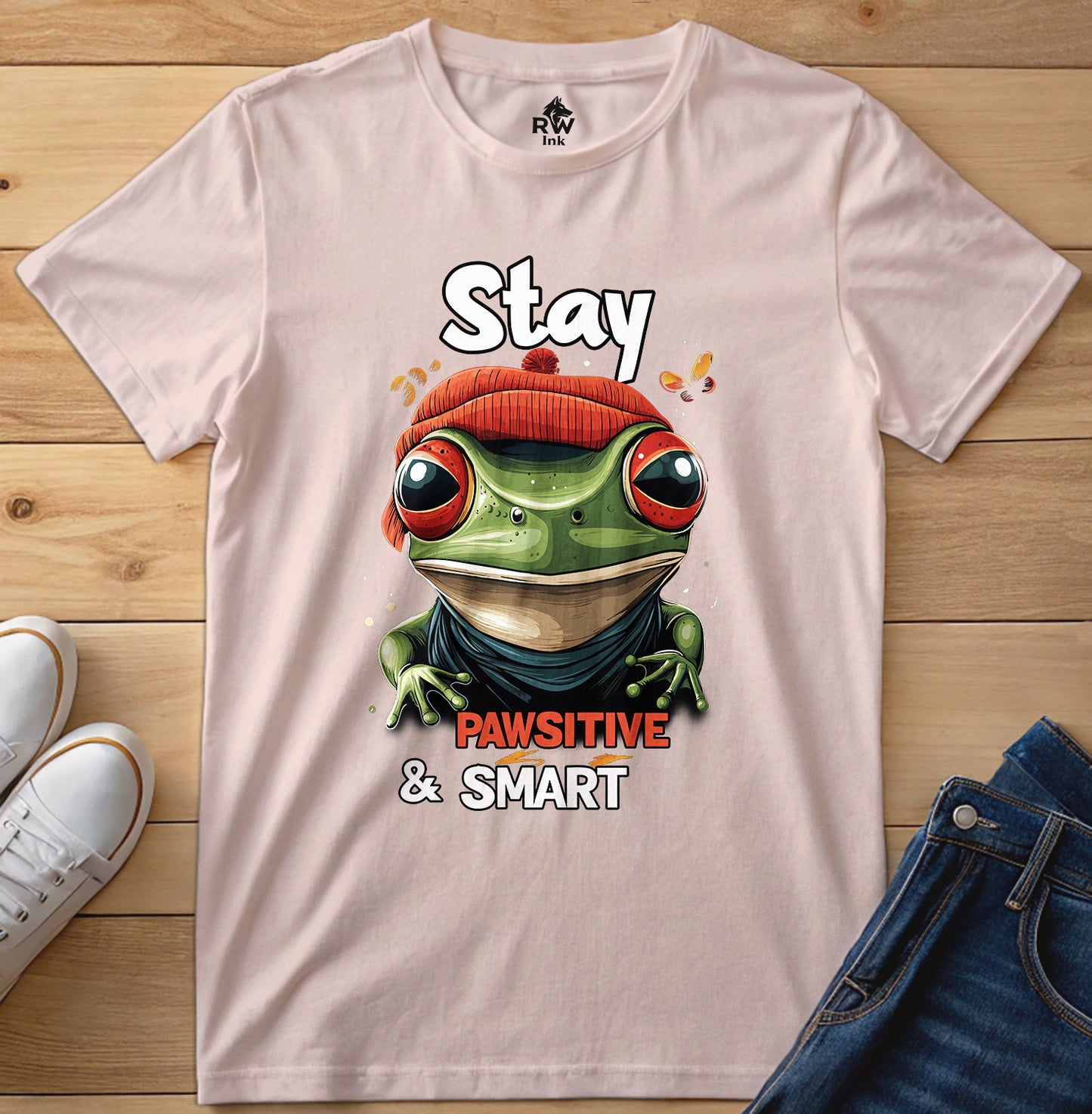 Stay Pawsitive & Smart Frog T-Shirt – Funny Animal Design – Bella+Canvas 3001 Unisex Tee