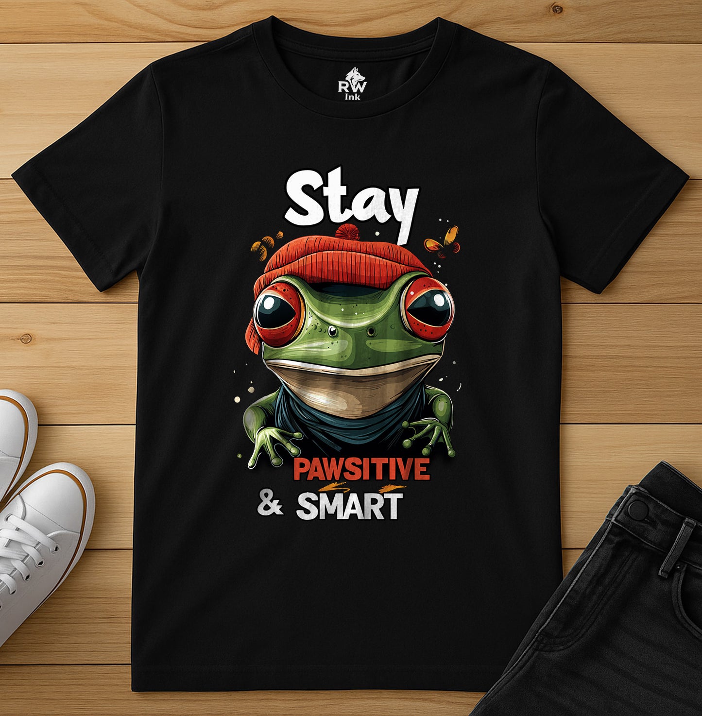 Stay Pawsitive & Smart Frog T-Shirt – Funny Animal Design – Bella+Canvas 3001 Unisex Tee