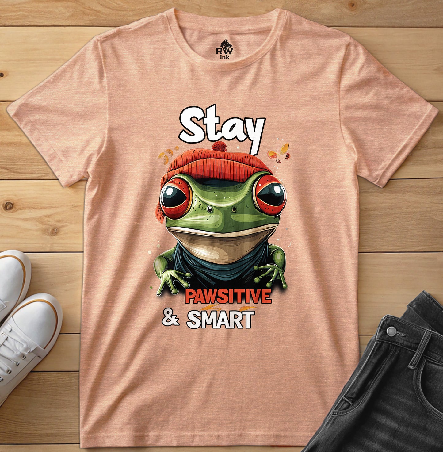 Stay Pawsitive & Smart Frog T-Shirt – Funny Animal Design – Bella+Canvas 3001 Unisex Tee