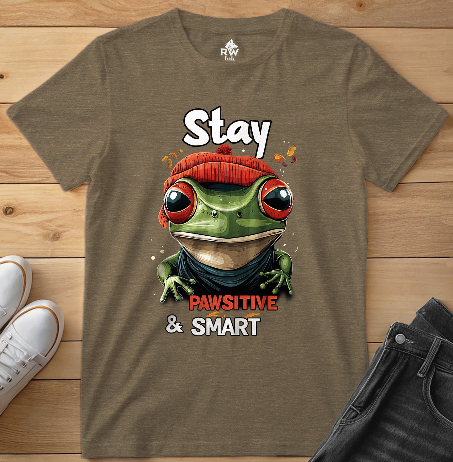Stay Pawsitive & Smart Frog T-Shirt – Funny Animal Design – Bella+Canvas 3001 Unisex Tee