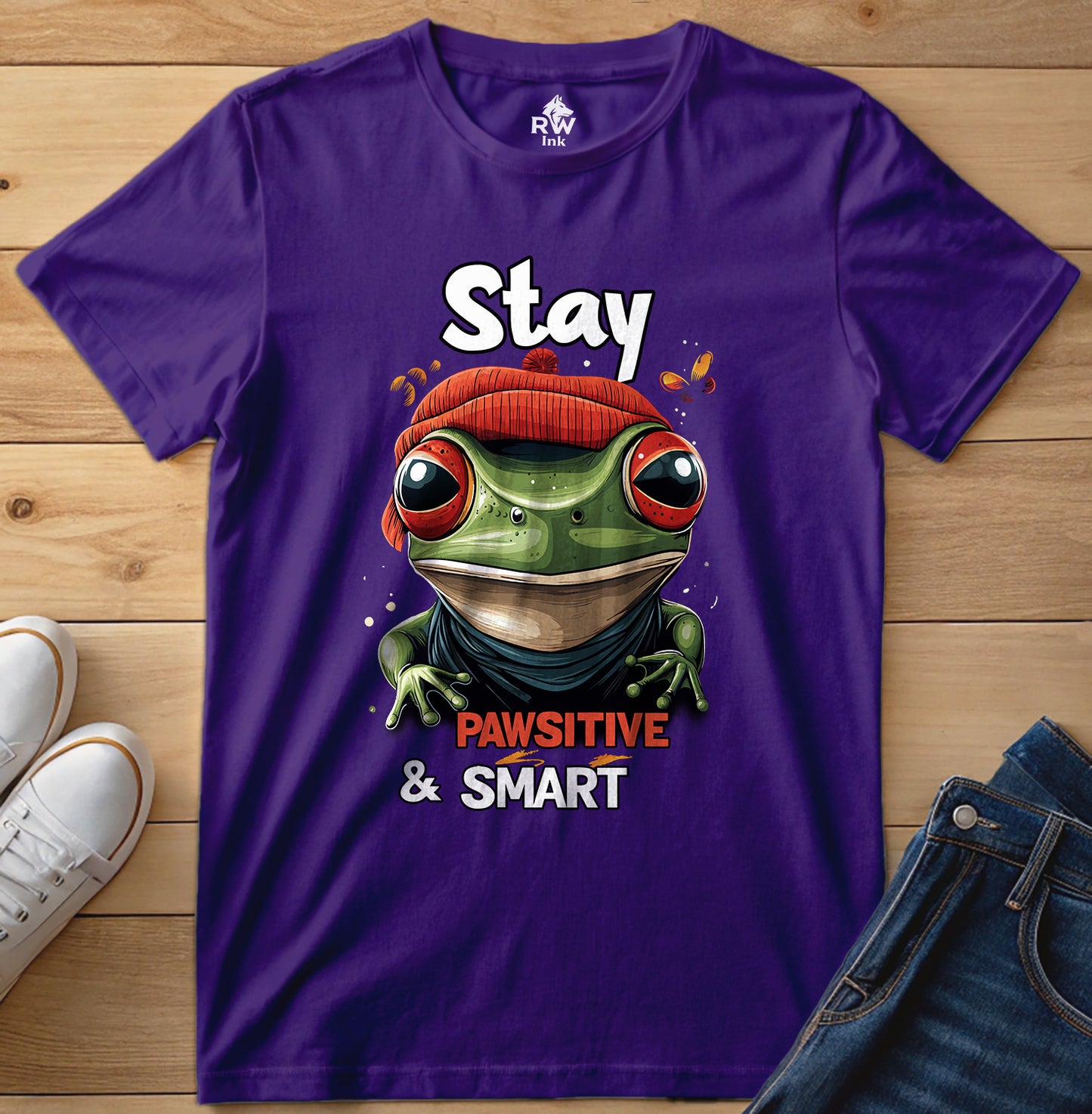 Stay Pawsitive & Smart Frog T-Shirt – Funny Animal Design – Bella+Canvas 3001 Unisex Tee