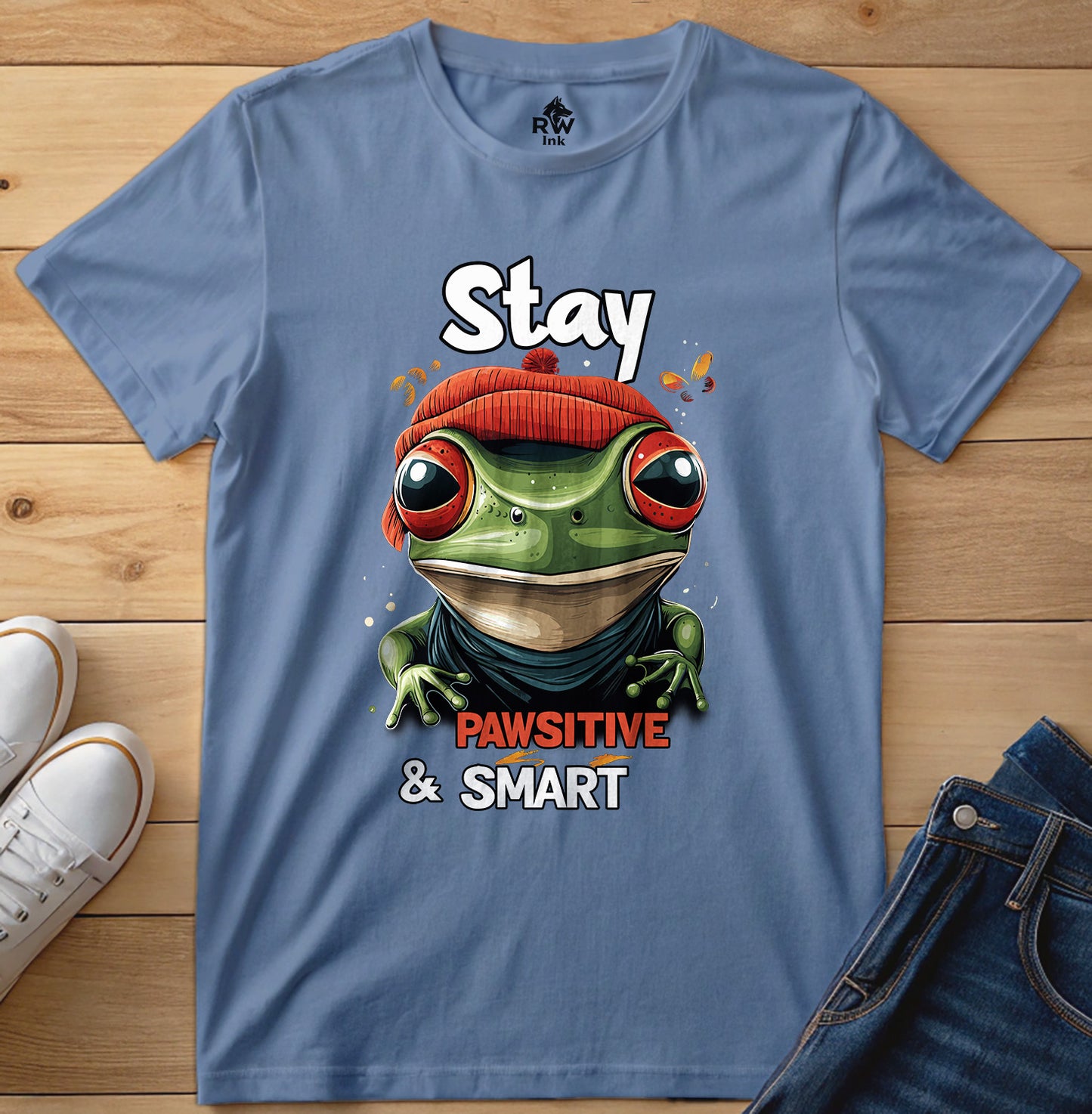 Stay Pawsitive & Smart Frog T-Shirt – Funny Animal Design – Bella+Canvas 3001 Unisex Tee