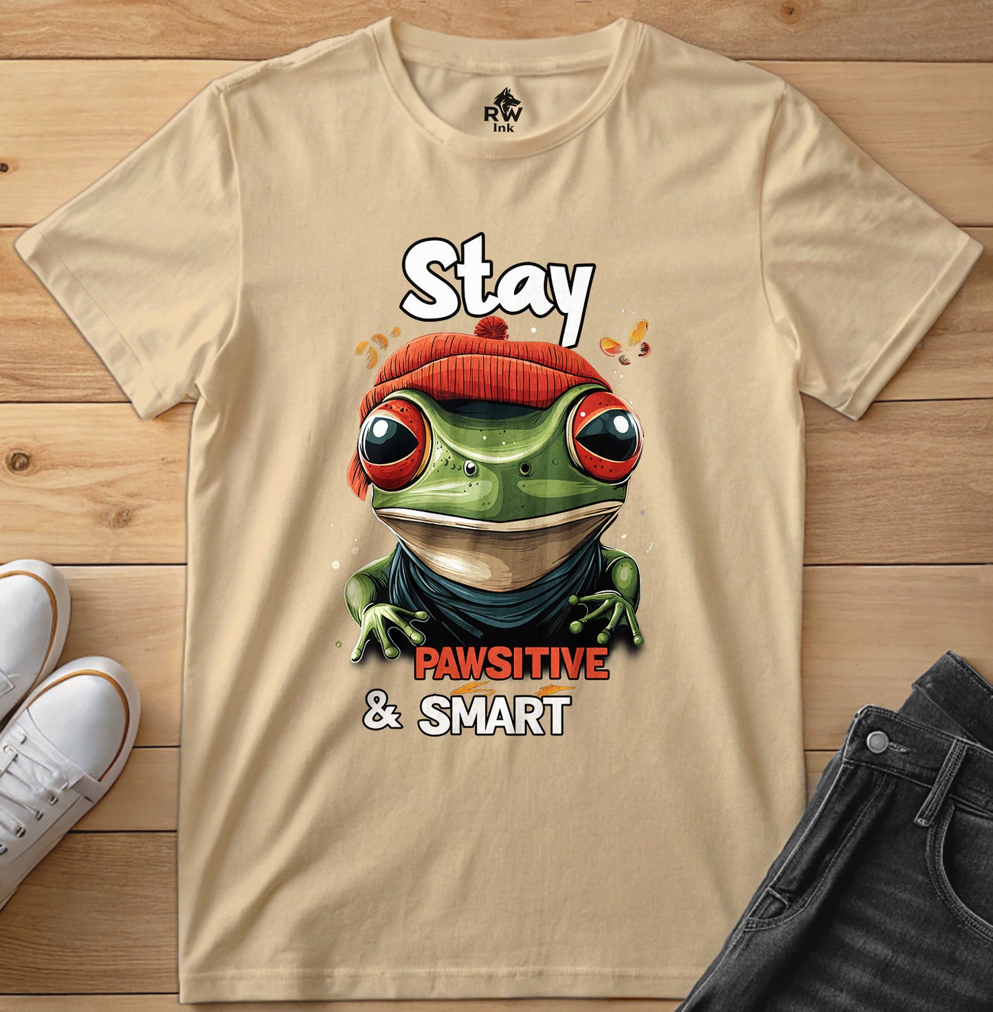 Stay Pawsitive & Smart Frog T-Shirt – Funny Animal Design – Bella+Canvas 3001 Unisex Tee