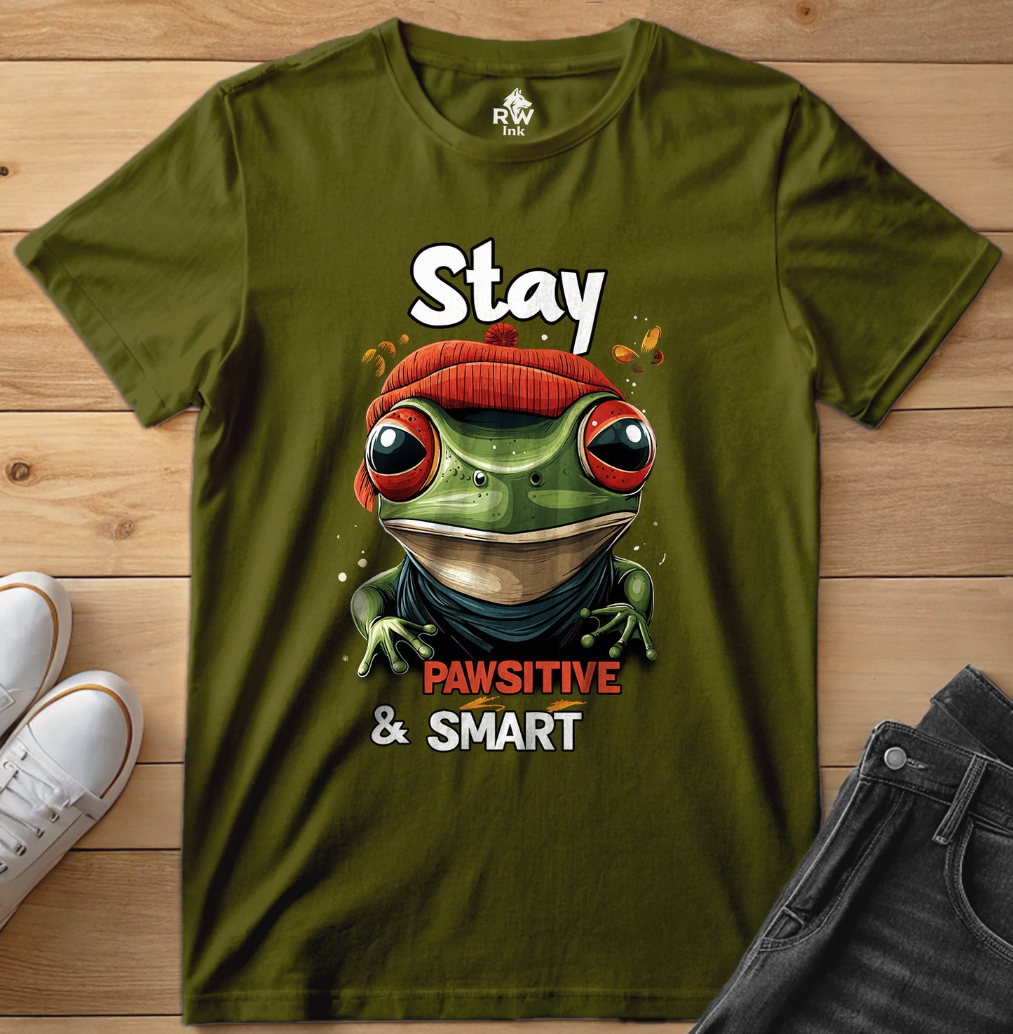 Stay Pawsitive & Smart Frog T-Shirt – Funny Animal Design – Bella+Canvas 3001 Unisex Tee