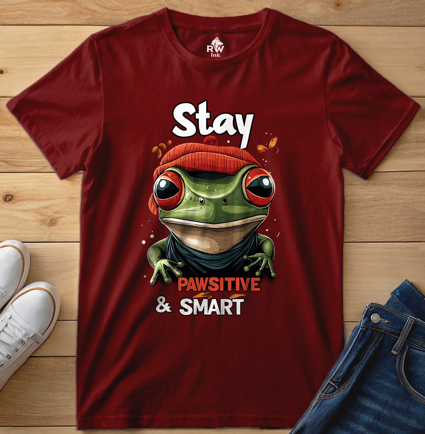 Stay Pawsitive & Smart Frog T-Shirt – Funny Animal Design – Bella+Canvas 3001 Unisex Tee
