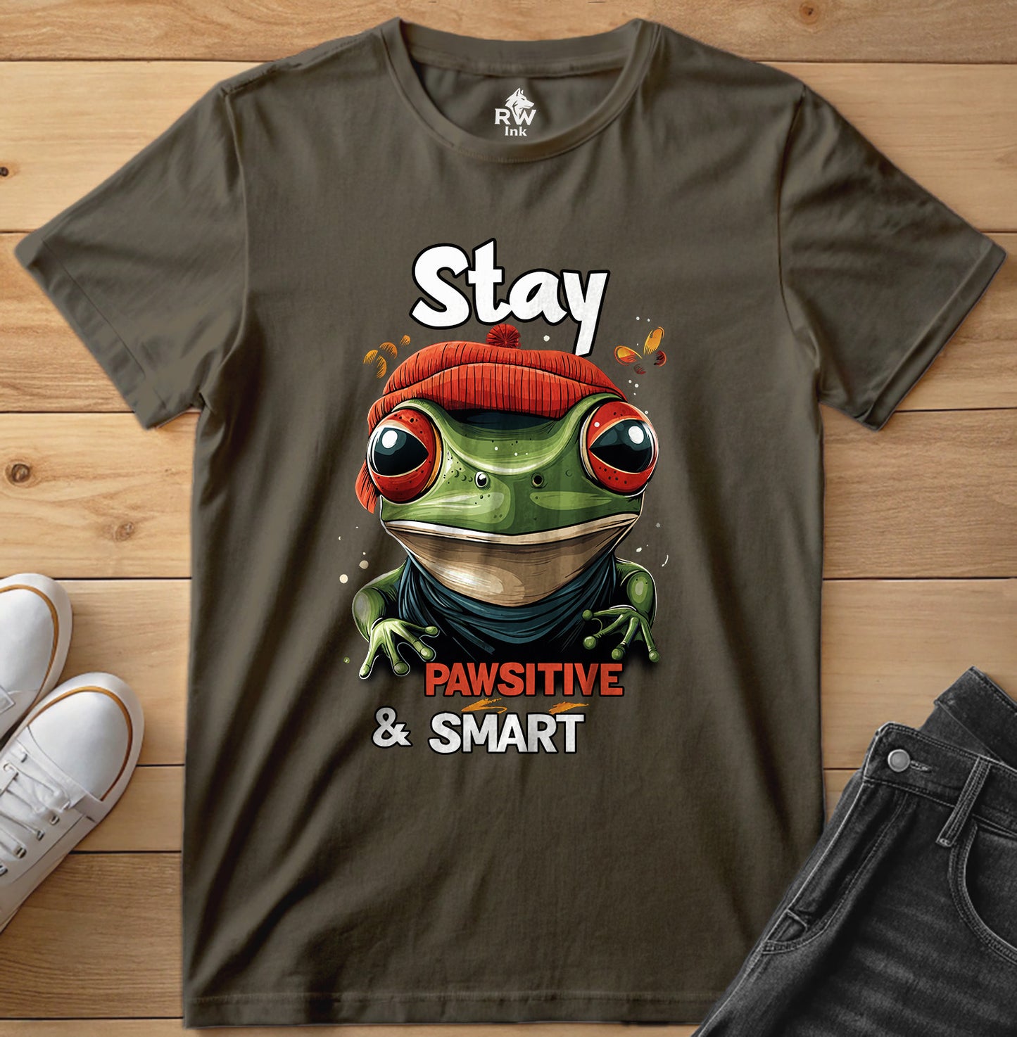 Stay Pawsitive & Smart Frog T-Shirt – Funny Animal Design – Bella+Canvas 3001 Unisex Tee