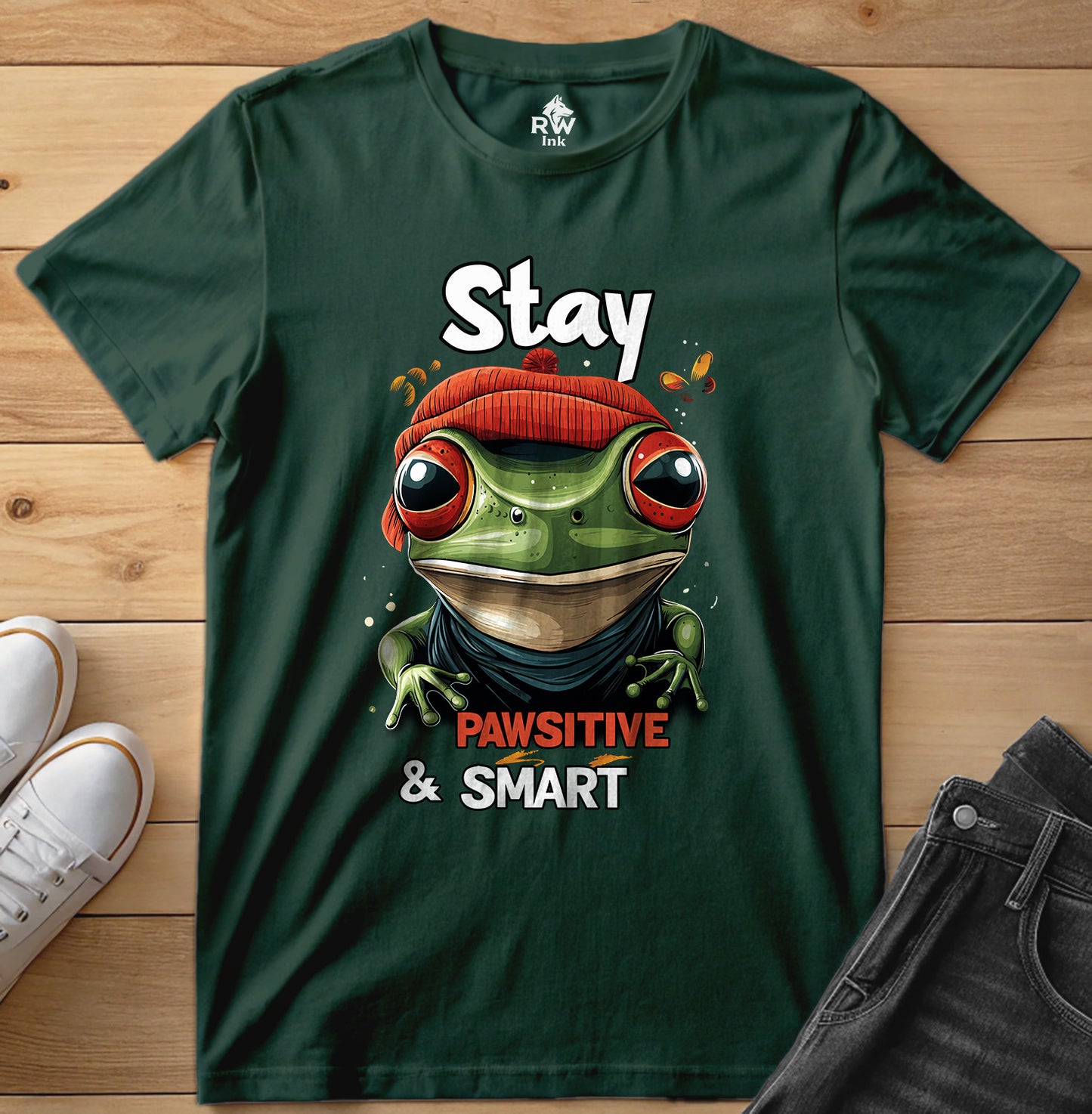 Stay Pawsitive & Smart Frog T-Shirt – Funny Animal Design – Bella+Canvas 3001 Unisex Tee