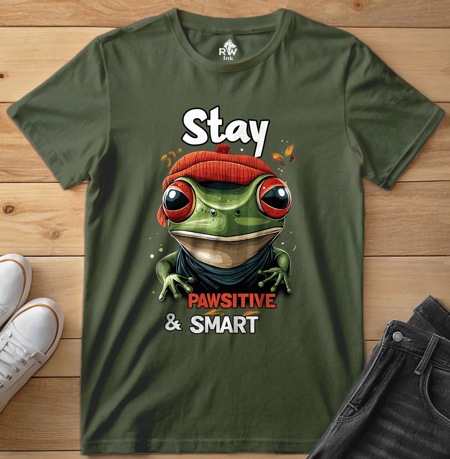 Stay Pawsitive & Smart Frog T-Shirt – Funny Animal Design – Bella+Canvas 3001 Unisex Tee