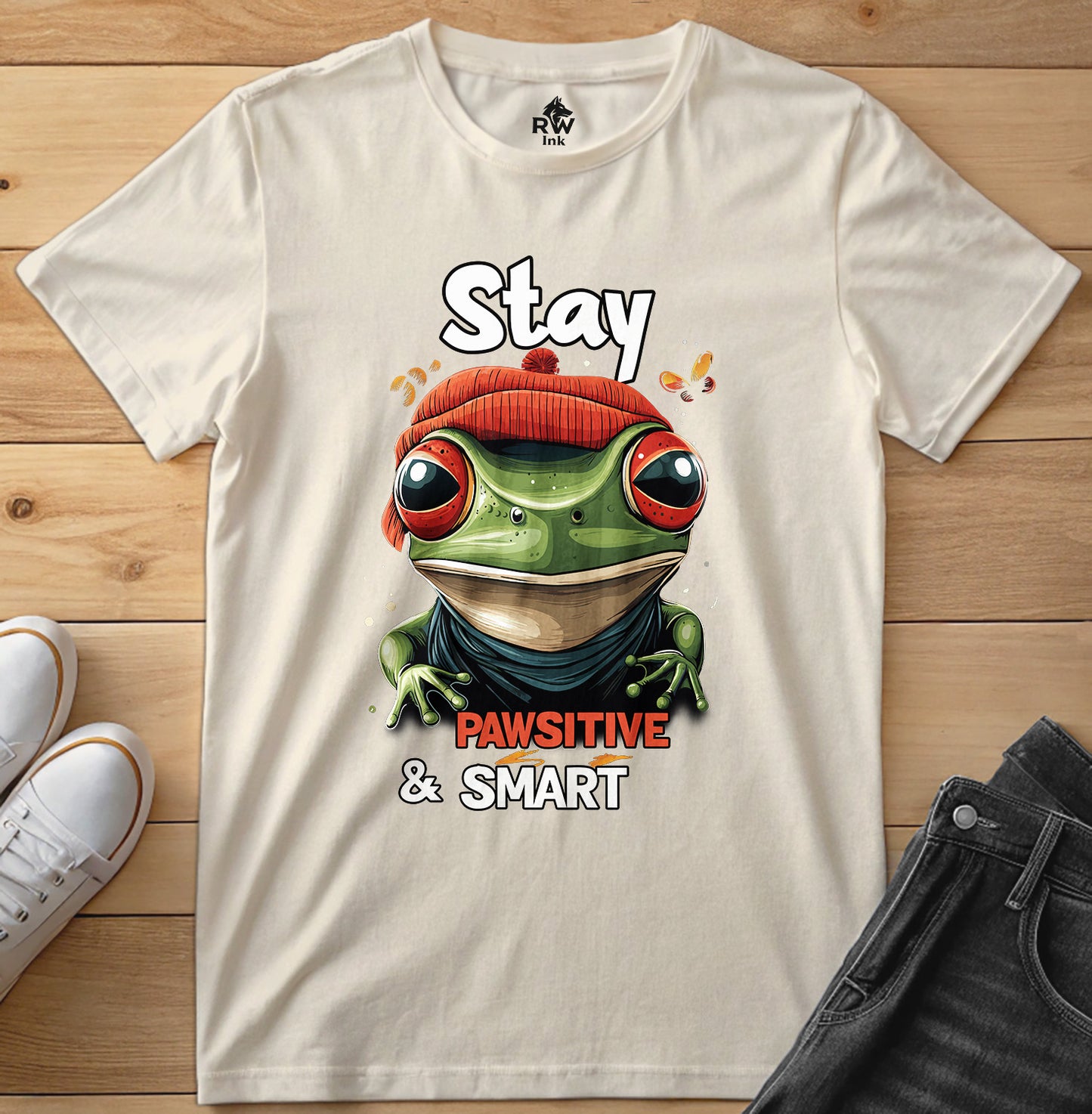 Stay Pawsitive & Smart Frog T-Shirt – Funny Animal Design – Bella+Canvas 3001 Unisex Tee
