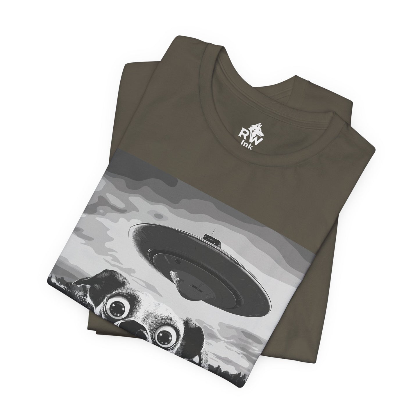 Shocked Dog Meets UFO – Funny Alien Abduction T-Shirt – Bella+Canvas 3001 Unisex Tee