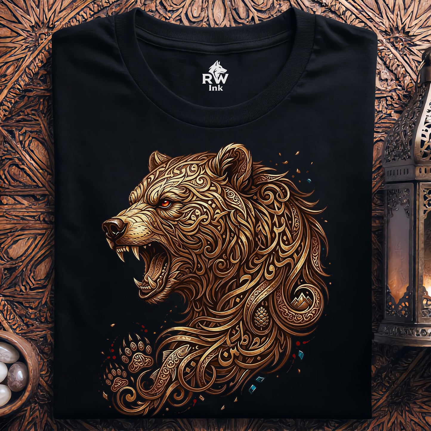 Majestic Golden Bear Premium Tee - Artistic Arabic Calligraphy - Bella+Canvas 3001