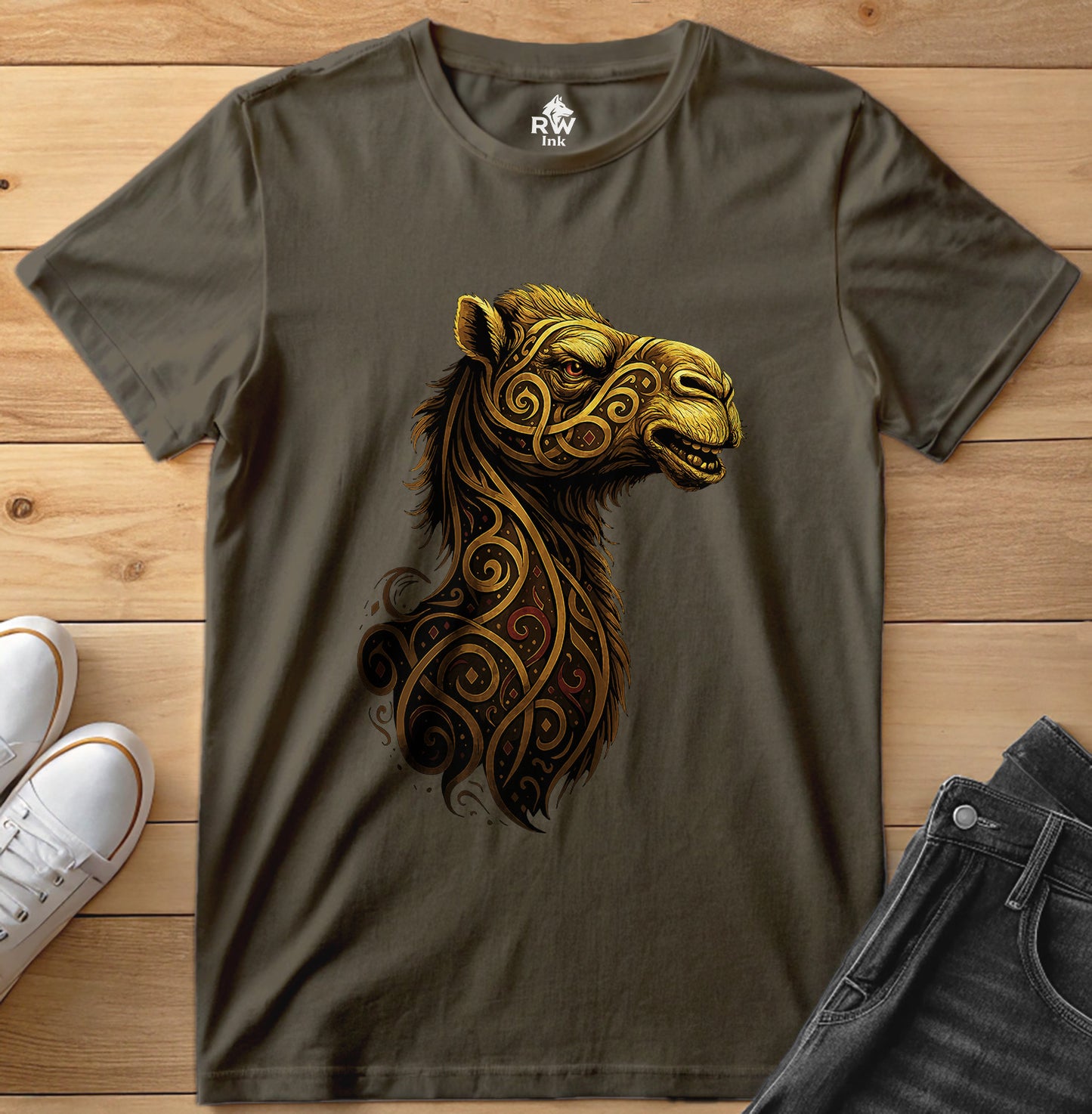 Majestic Camel – Tribal Calligraphy Tee | Bella+Canvas 3001 Unisex T-Shirt