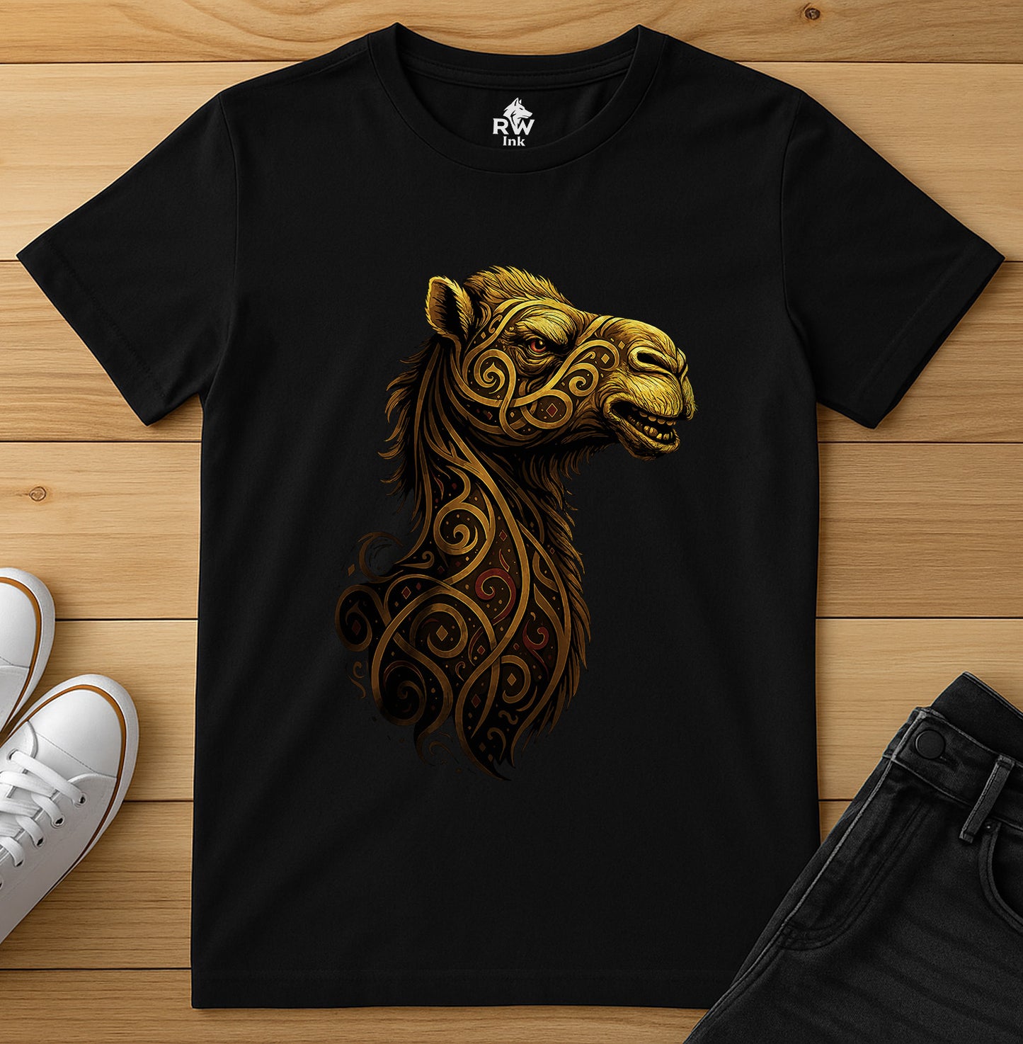Majestic Camel – Tribal Calligraphy Tee | Bella+Canvas 3001 Unisex T-Shirt