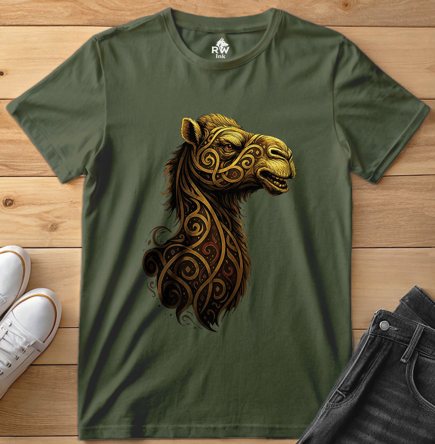 Majestic Camel – Tribal Calligraphy Tee | Bella+Canvas 3001 Unisex T-Shirt