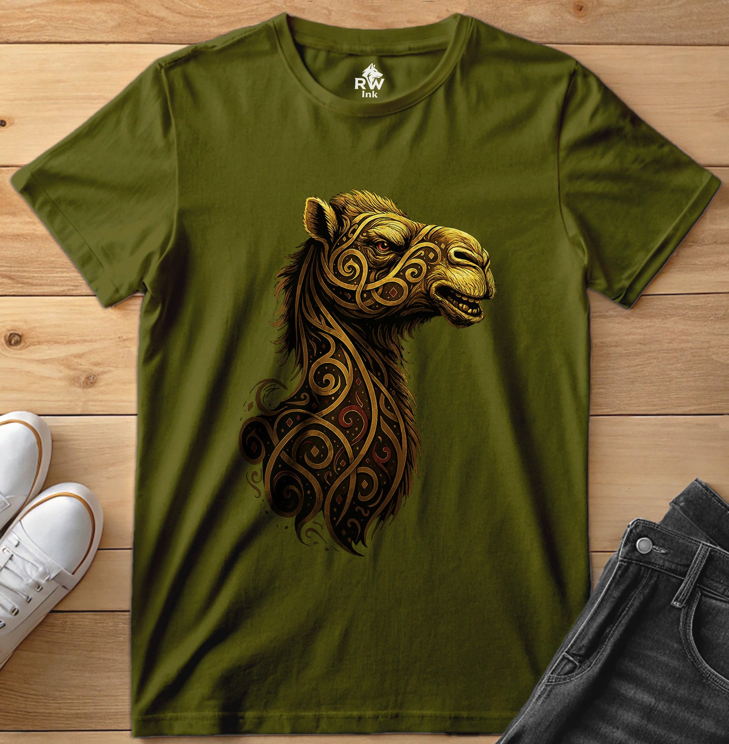 Majestic Camel – Tribal Calligraphy Tee | Bella+Canvas 3001 Unisex T-Shirt