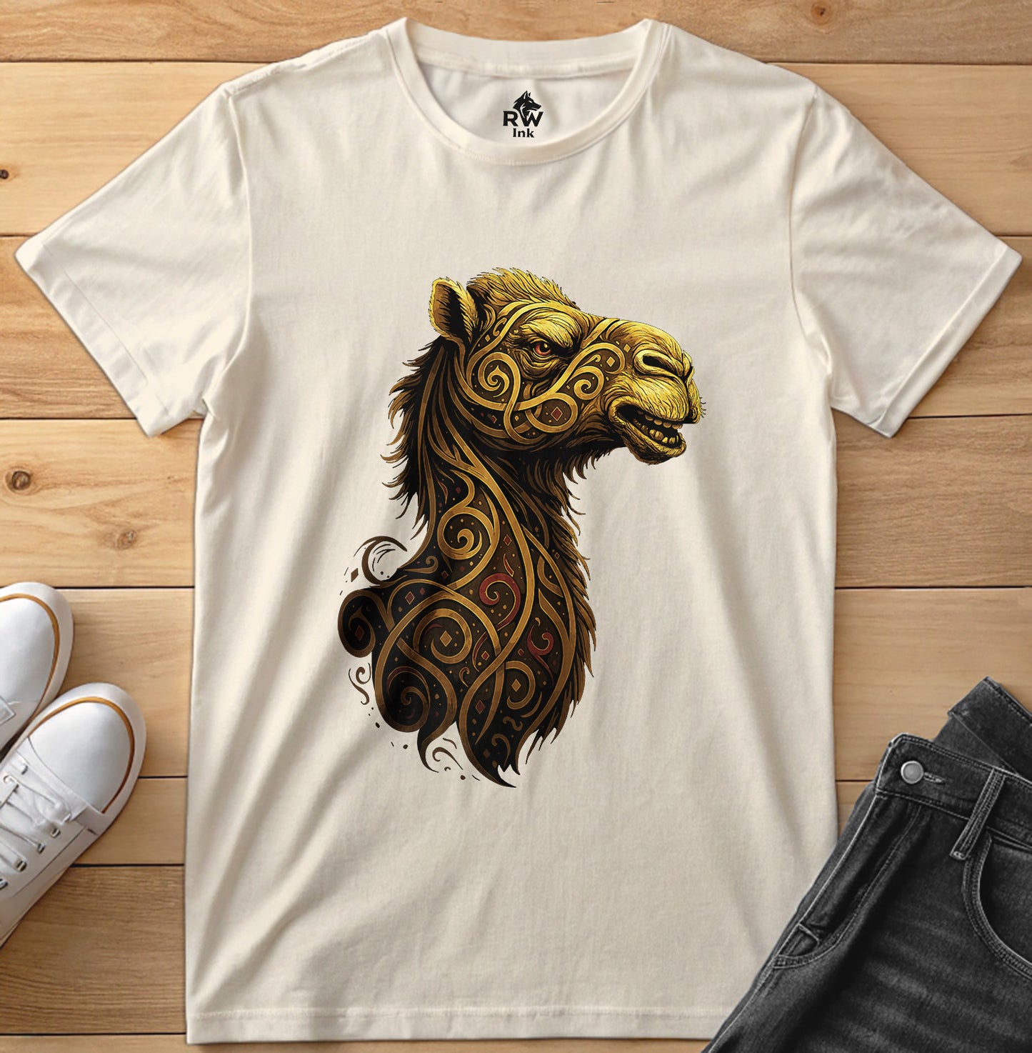 Majestic Camel – Tribal Calligraphy Tee | Bella+Canvas 3001 Unisex T-Shirt