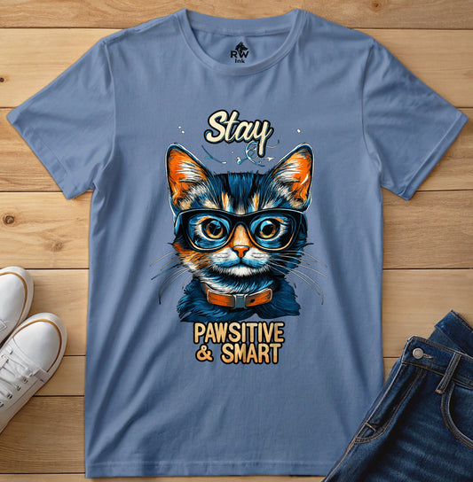 Stay Pawsitive & Smart – Funny Smart Cat T-Shirt for Cat Lovers – Bella+Canvas 3001