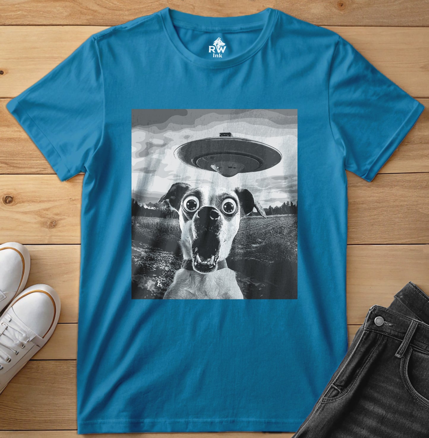 Shocked Dog Meets UFO – Funny Alien Abduction T-Shirt – Bella+Canvas 3001 Unisex Tee
