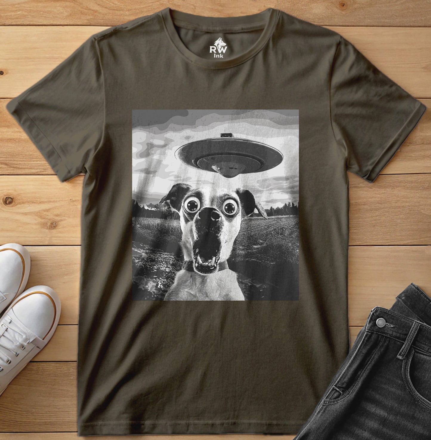 Shocked Dog Meets UFO – Funny Alien Abduction T-Shirt – Bella+Canvas 3001 Unisex Tee