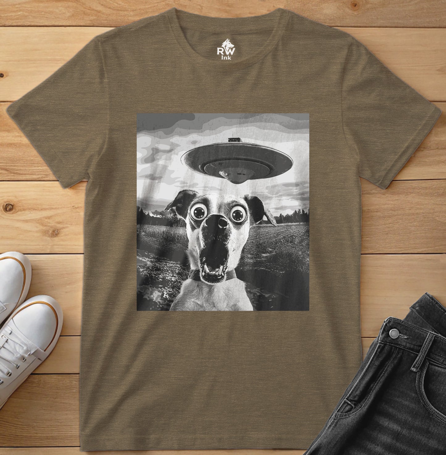 Shocked Dog Meets UFO – Funny Alien Abduction T-Shirt – Bella+Canvas 3001 Unisex Tee