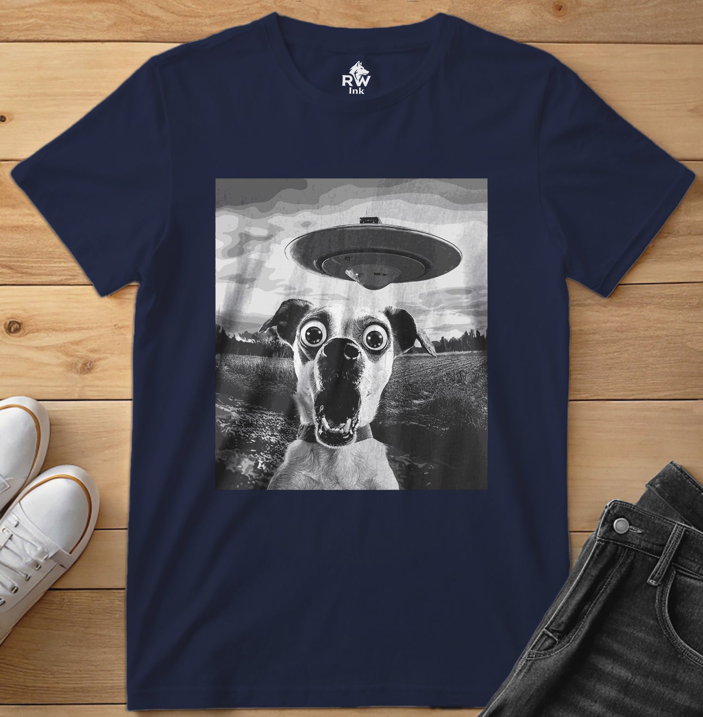 Shocked Dog Meets UFO – Funny Alien Abduction T-Shirt – Bella+Canvas 3001 Unisex Tee
