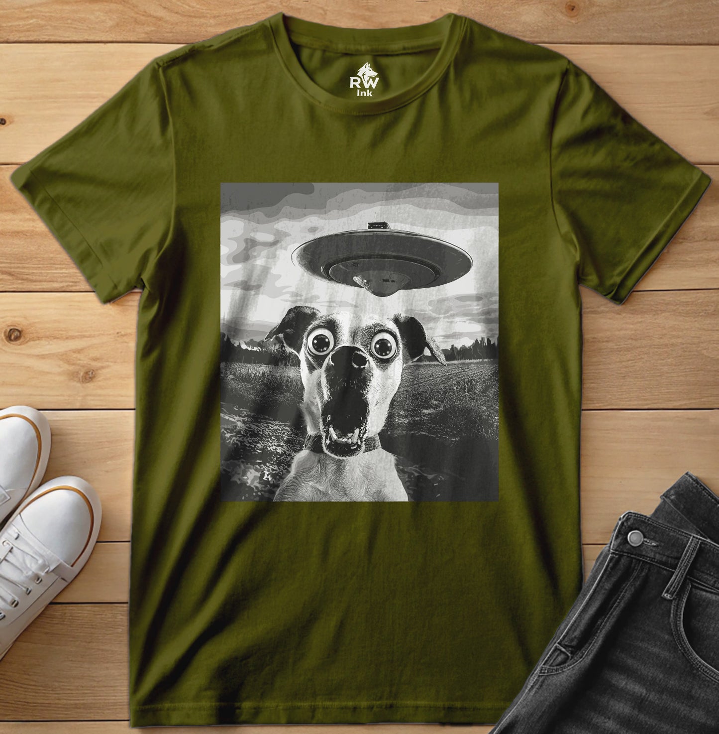 Shocked Dog Meets UFO – Funny Alien Abduction T-Shirt – Bella+Canvas 3001 Unisex Tee