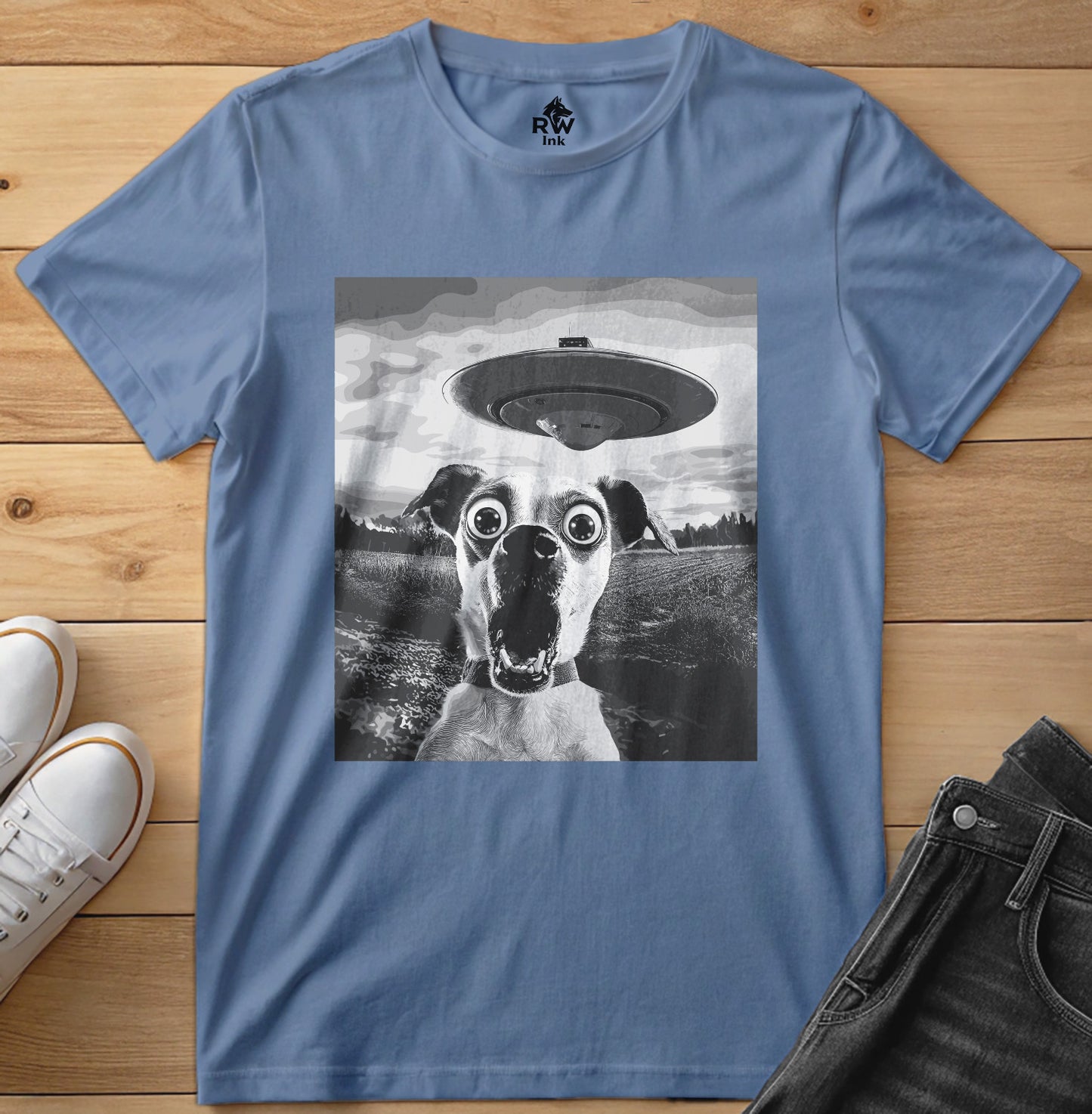 Shocked Dog Meets UFO – Funny Alien Abduction T-Shirt – Bella+Canvas 3001 Unisex Tee