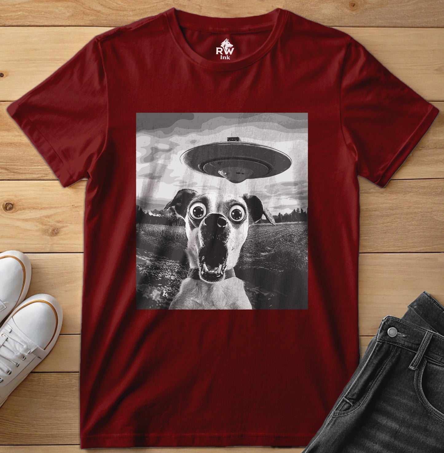Shocked Dog Meets UFO – Funny Alien Abduction T-Shirt – Bella+Canvas 3001 Unisex Tee