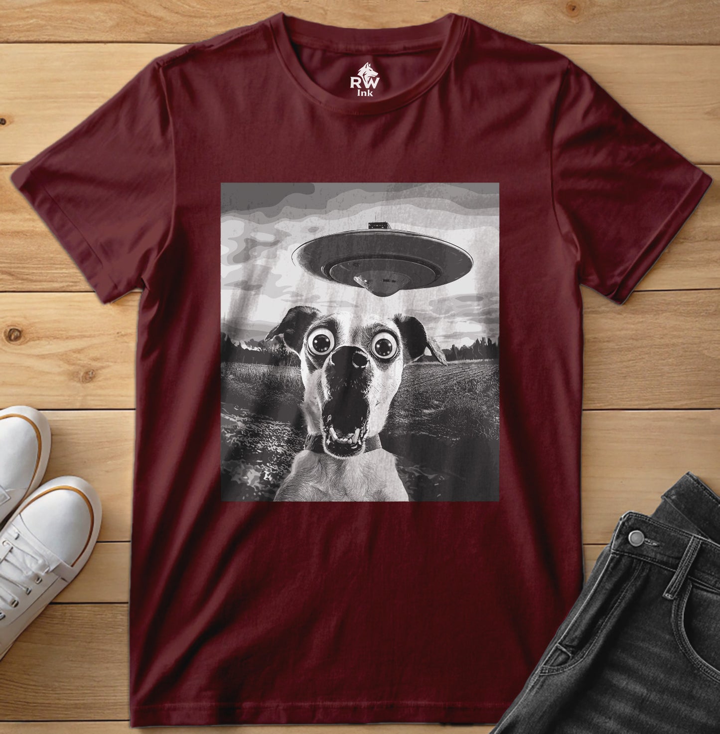 Shocked Dog Meets UFO – Funny Alien Abduction T-Shirt – Bella+Canvas 3001 Unisex Tee