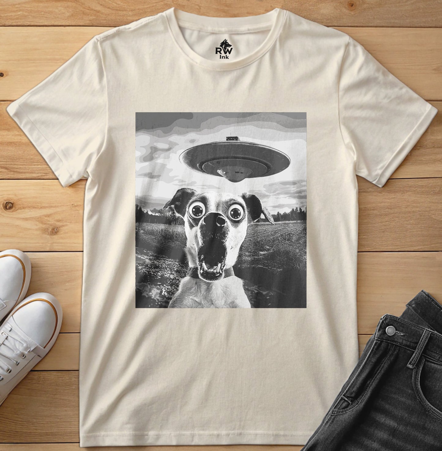 Shocked Dog Meets UFO – Funny Alien Abduction T-Shirt – Bella+Canvas 3001 Unisex Tee