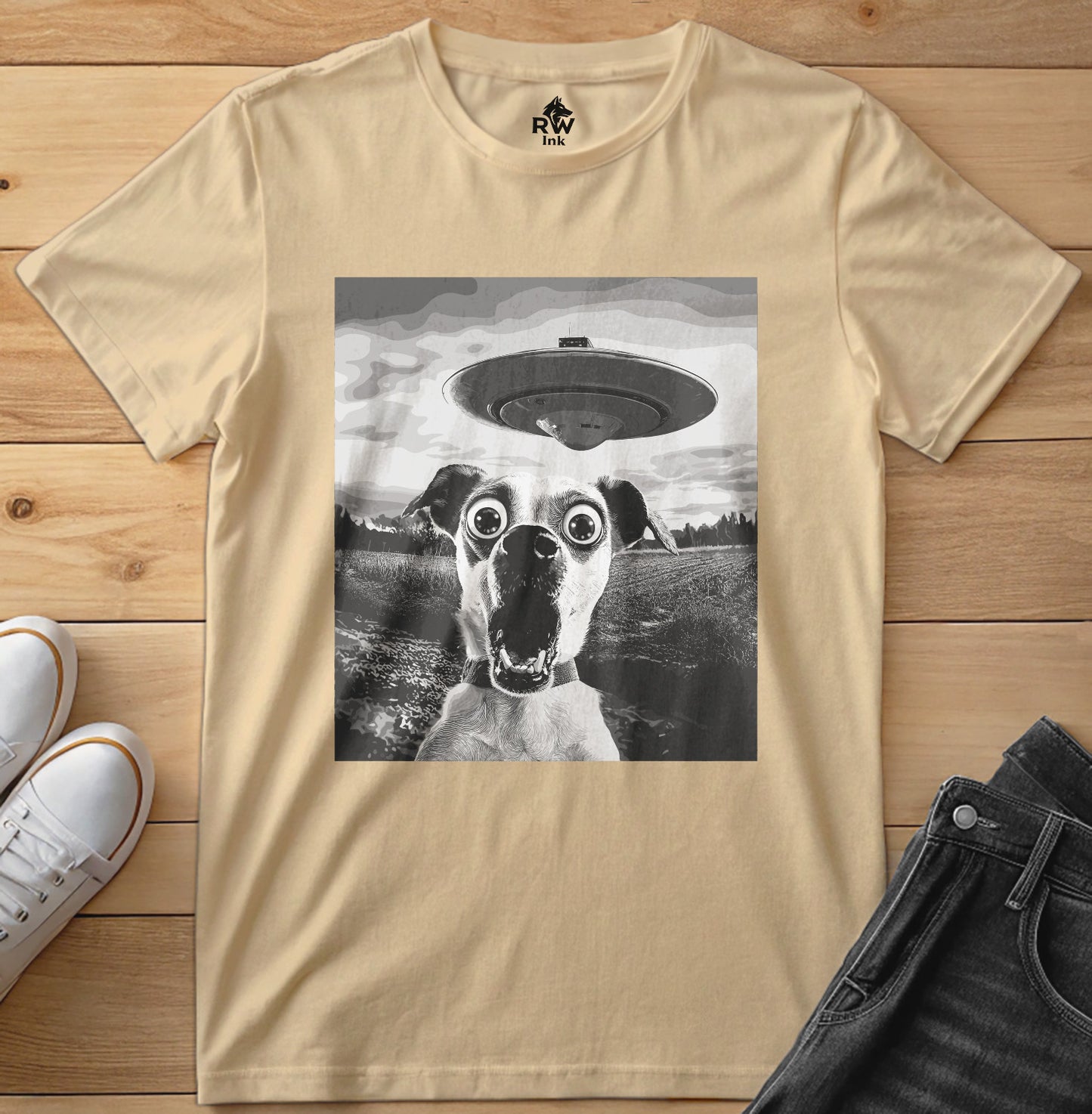 Shocked Dog Meets UFO – Funny Alien Abduction T-Shirt – Bella+Canvas 3001 Unisex Tee