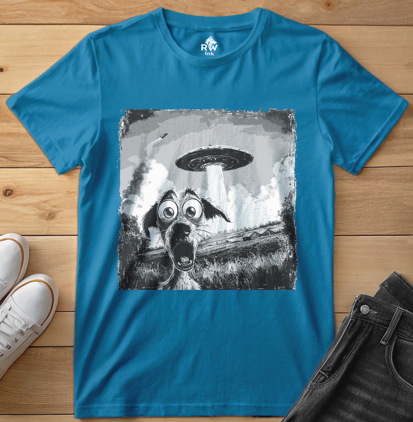 UFO Dog Abduction T-Shirt – Funny Alien Encounter Tee – Bella+Canvas 3001 Unisex