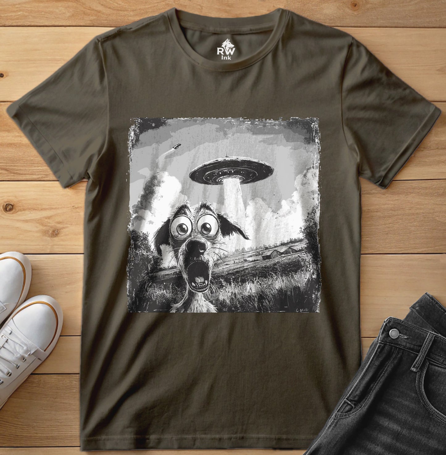 UFO Dog Abduction T-Shirt – Funny Alien Encounter Tee – Bella+Canvas 3001 Unisex