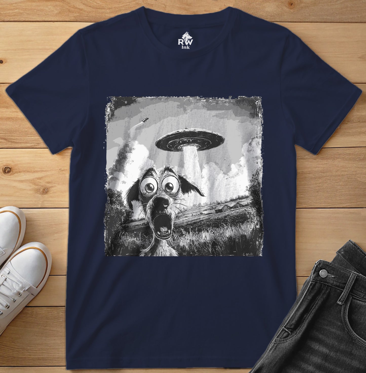 UFO Dog Abduction T-Shirt – Funny Alien Encounter Tee – Bella+Canvas 3001 Unisex