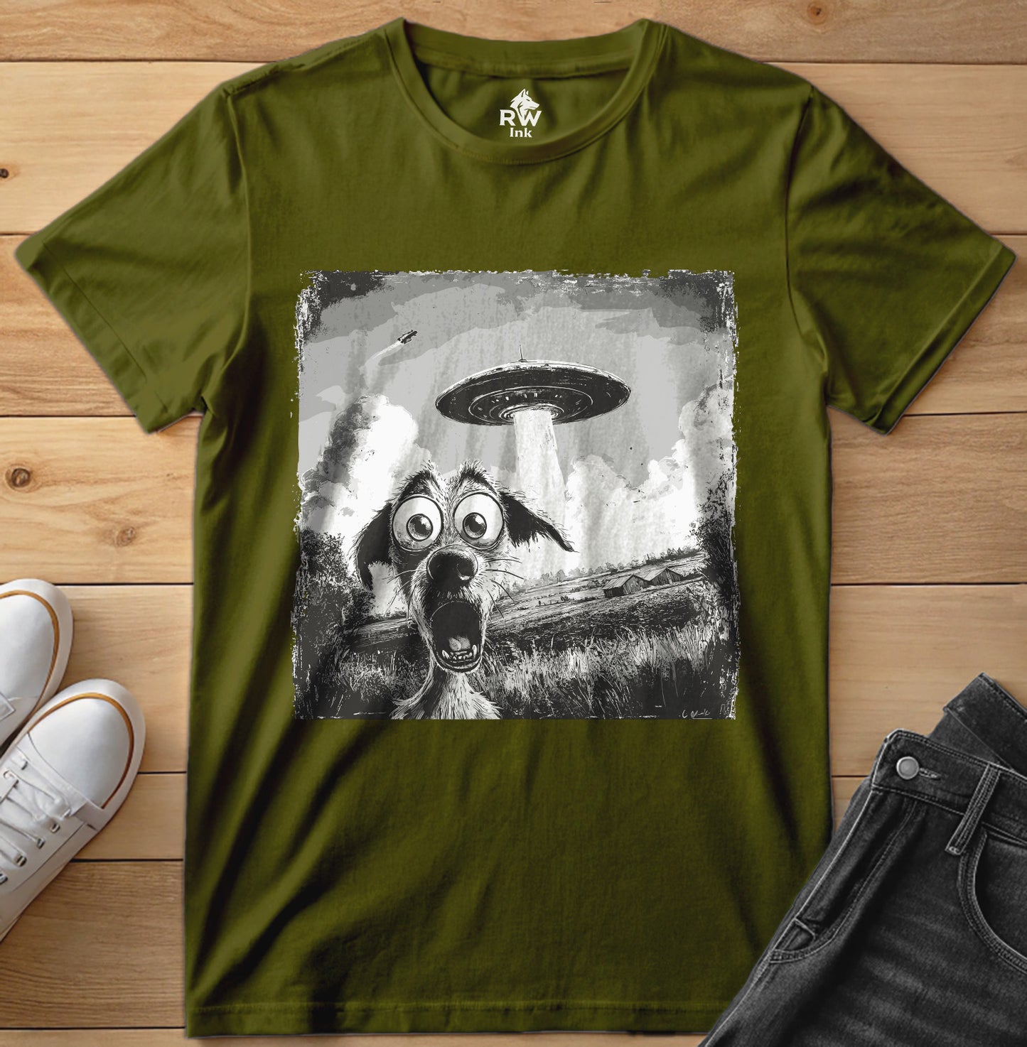UFO Dog Abduction T-Shirt – Funny Alien Encounter Tee – Bella+Canvas 3001 Unisex