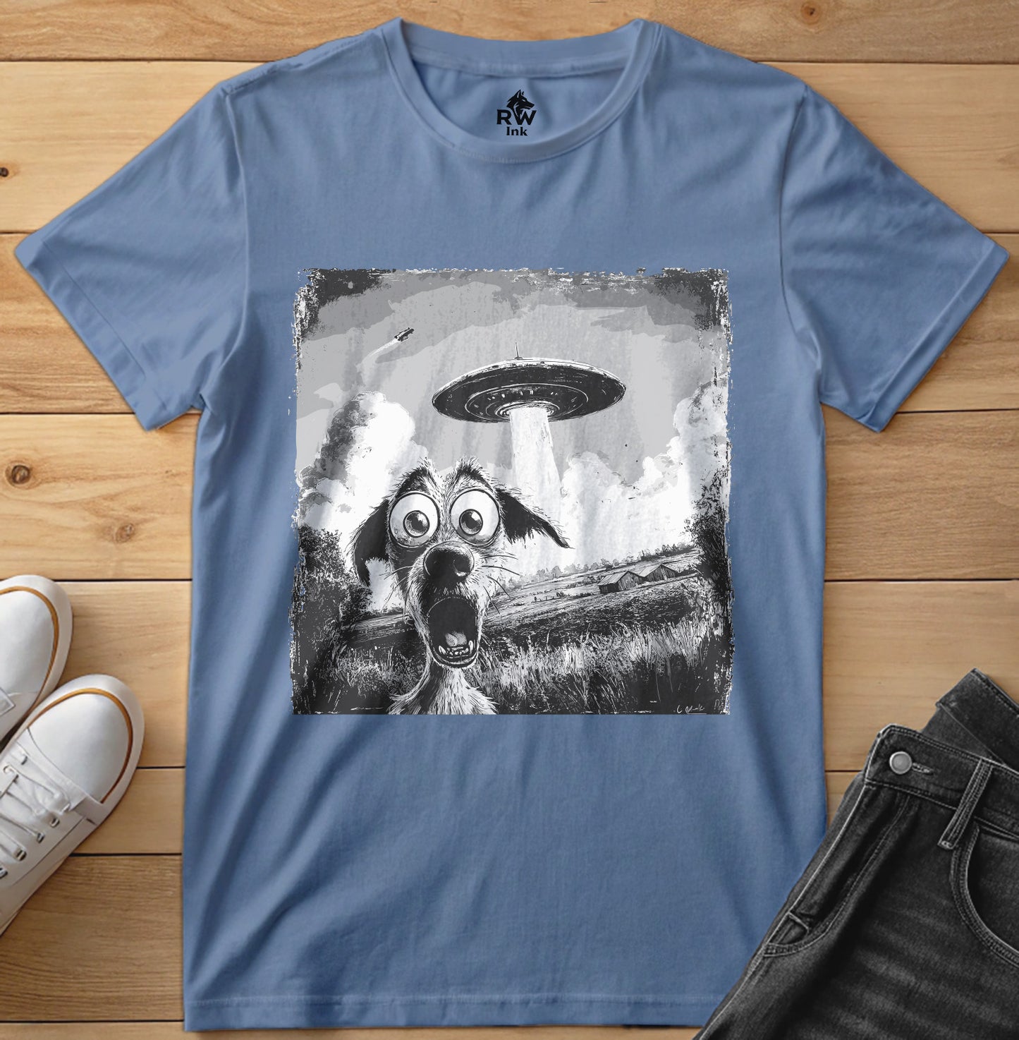 UFO Dog Abduction T-Shirt – Funny Alien Encounter Tee – Bella+Canvas 3001 Unisex