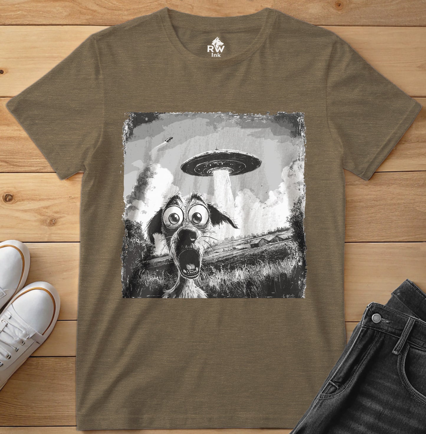 UFO Dog Abduction T-Shirt – Funny Alien Encounter Tee – Bella+Canvas 3001 Unisex