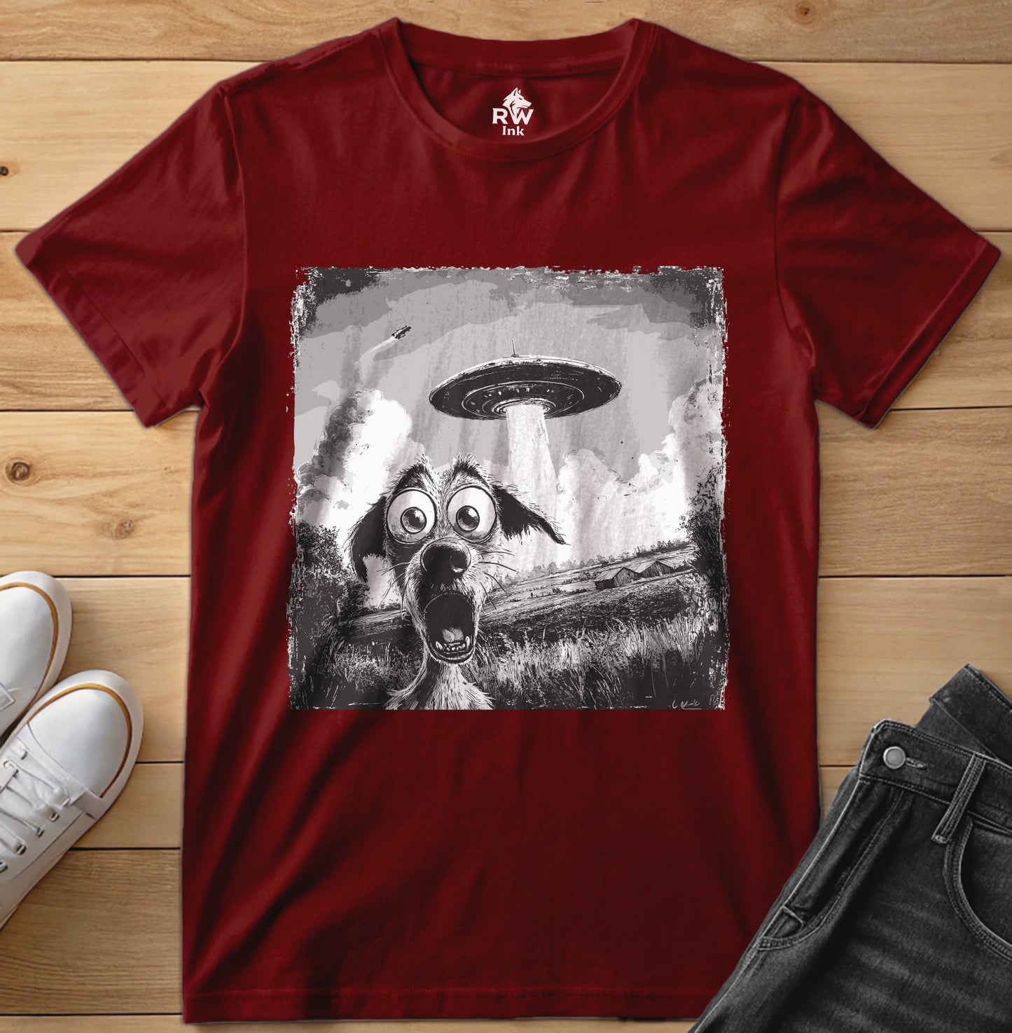 UFO Dog Abduction T-Shirt – Funny Alien Encounter Tee – Bella+Canvas 3001 Unisex