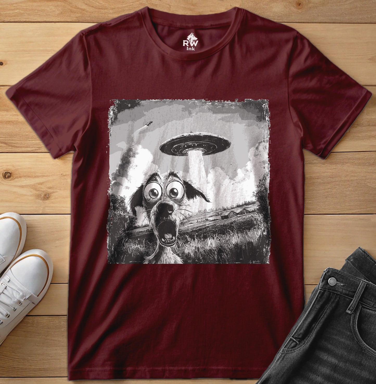 UFO Dog Abduction T-Shirt – Funny Alien Encounter Tee – Bella+Canvas 3001 Unisex