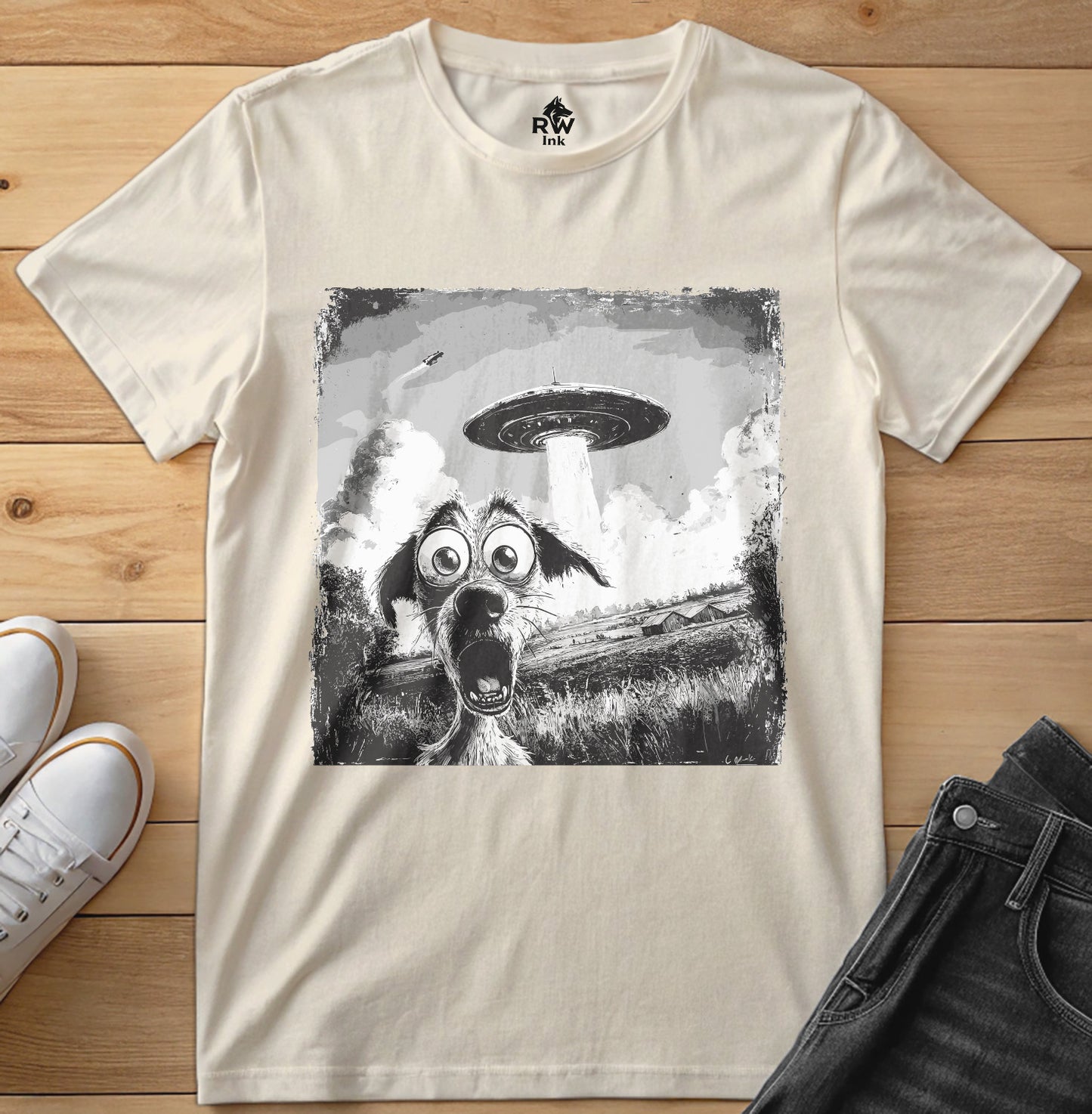 UFO Dog Abduction T-Shirt – Funny Alien Encounter Tee – Bella+Canvas 3001 Unisex